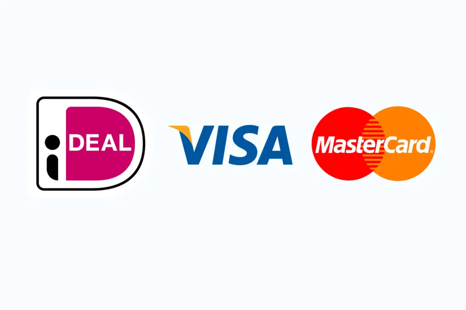 Logos van de betaalmethodes iDEAL, Visa en Mastercard