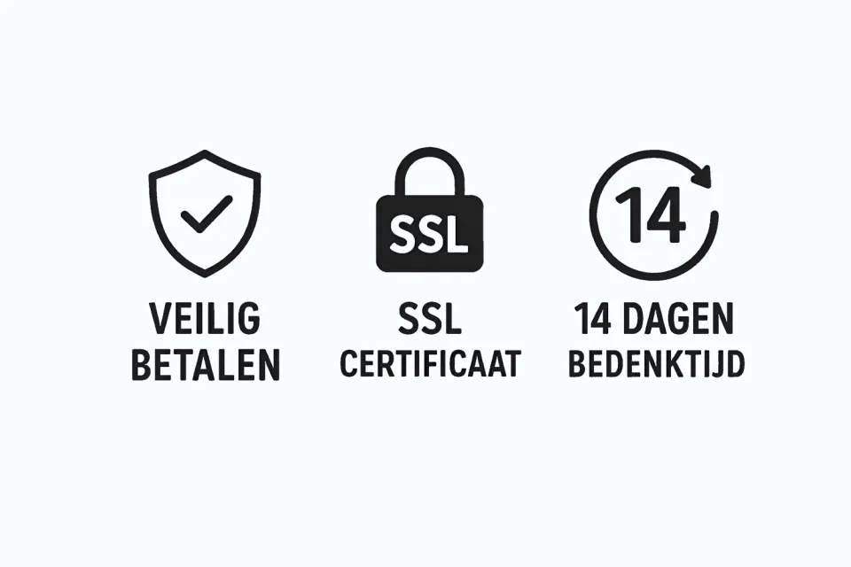 Drie iconen met de teksten veilig betalen, SSL certificaat en veertien dagen bedenktijd