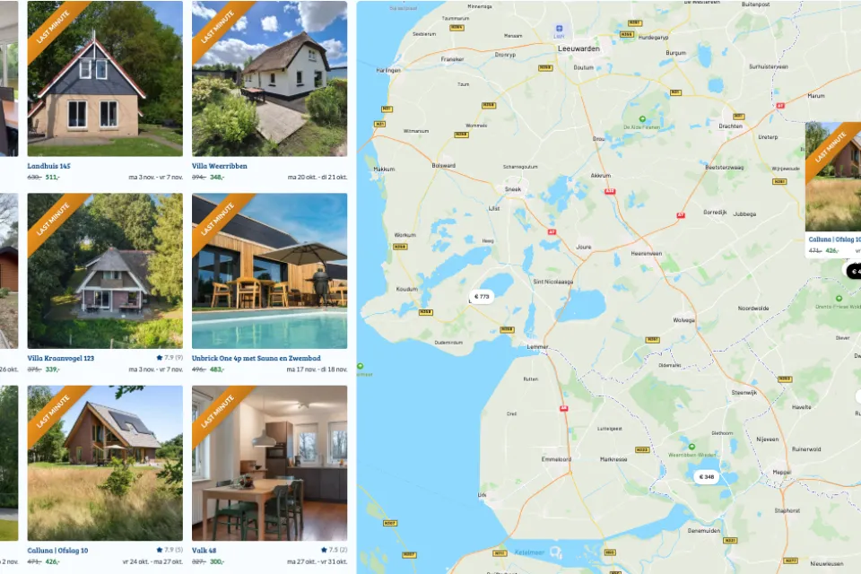 Schermafbeelding met zoekresultaten van vakantiehuizen naast een interactieve kaart
