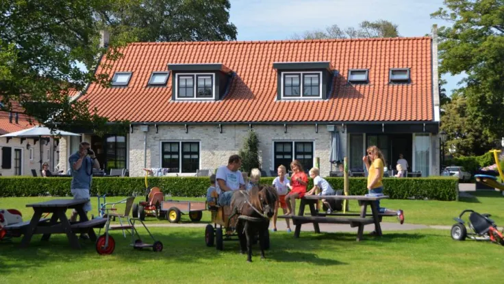 Gasten met kinderen en skelters op het grasveld bij de vakantiewoning